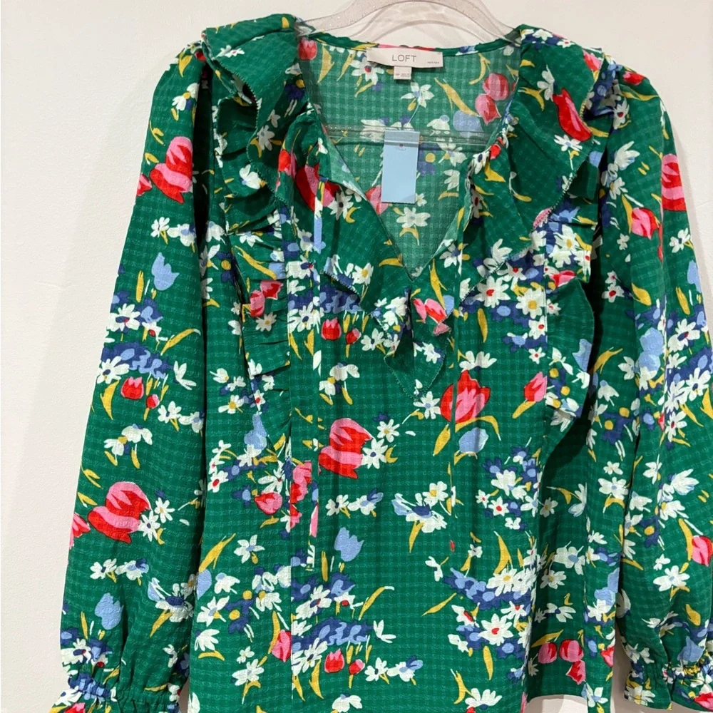 Loft Floral Green Ruffle Blouse - Picture 5 of 8
